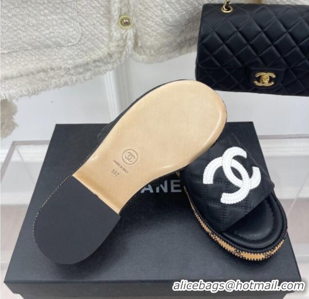 Pretty Style Chanel Calfskin Heel Slide Sandals 4cm with Quilted Sole Black 505010