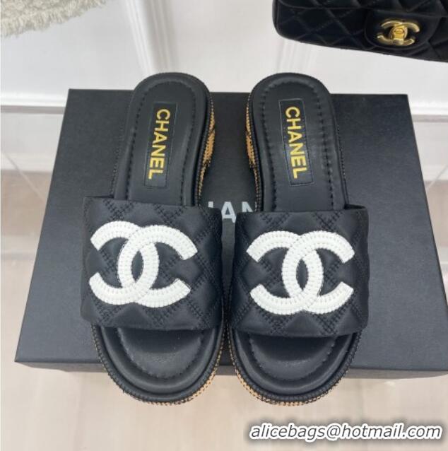 Pretty Style Chanel Calfskin Heel Slide Sandals 4cm with Quilted Sole Black 505010