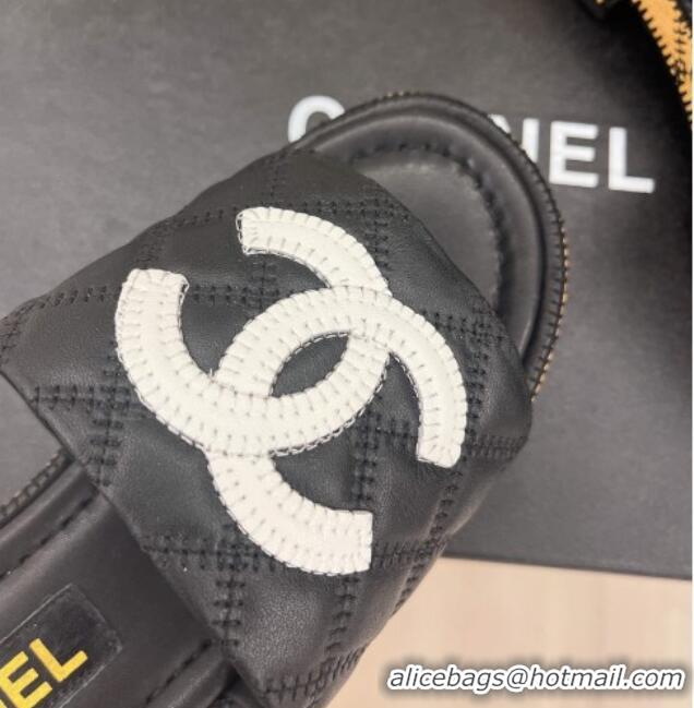 Pretty Style Chanel Calfskin Heel Slide Sandals 4cm with Quilted Sole Black 505010