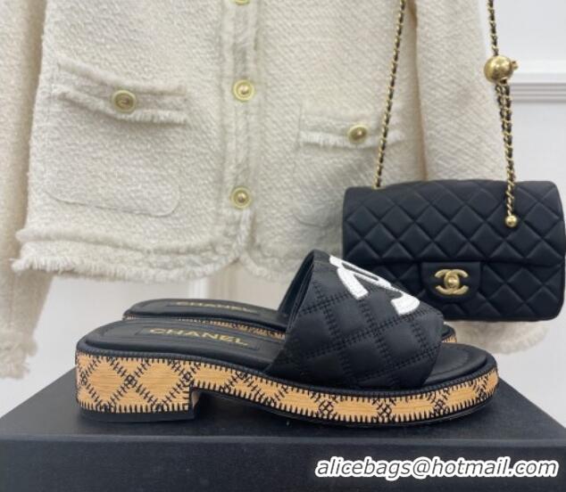 Pretty Style Chanel Calfskin Heel Slide Sandals 4cm with Quilted Sole Black 505010