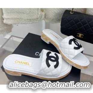 Good Quality Chanel Calfskin Heel Slide Sandals 4cm with Quilted Sole White 505011