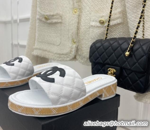 Good Quality Chanel Calfskin Heel Slide Sandals 4cm with Quilted Sole White 505011