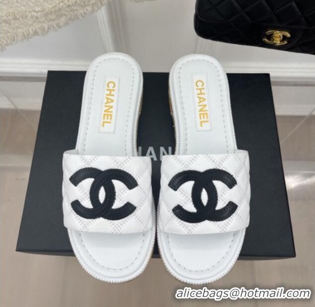 Good Quality Chanel Calfskin Heel Slide Sandals 4cm with Quilted Sole White 505011