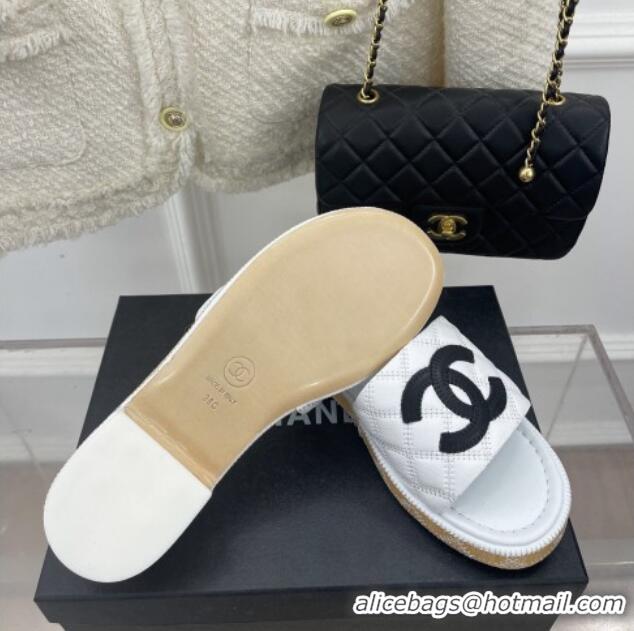 Good Quality Chanel Calfskin Heel Slide Sandals 4cm with Quilted Sole White 505011