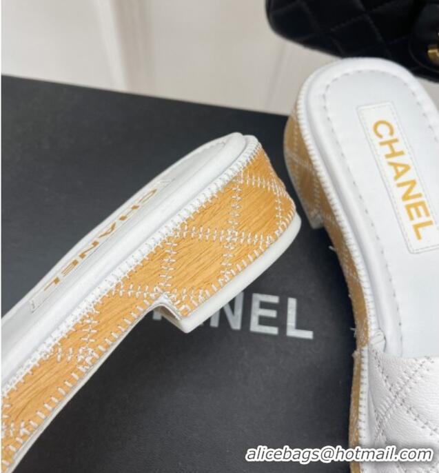 Good Quality Chanel Calfskin Heel Slide Sandals 4cm with Quilted Sole White 505011