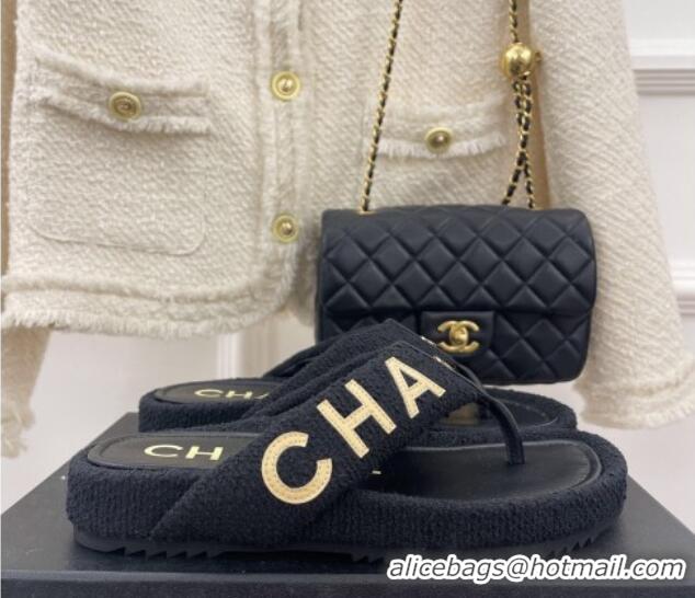 Classic Hot Chanel Tweed Flat Thong Slide Sandals Black 505012