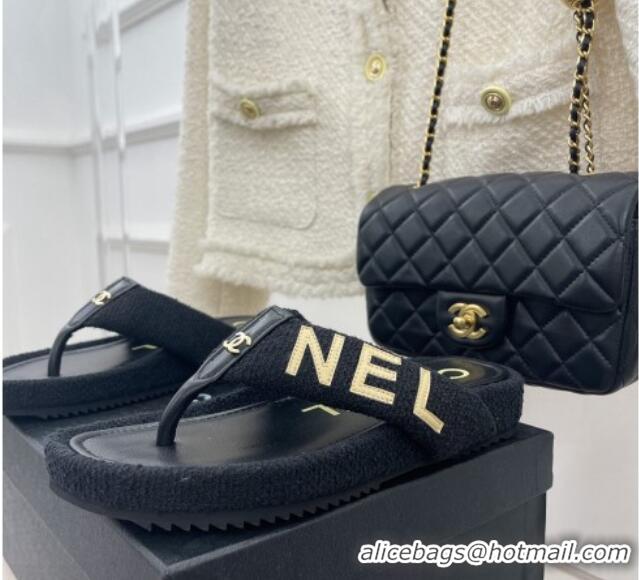 Classic Hot Chanel Tweed Flat Thong Slide Sandals Black 505012