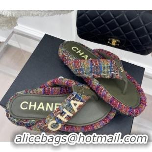 Grade Quality Chanel Tweed Flat Thong Slide Sandals Dark Pink/Green 505013