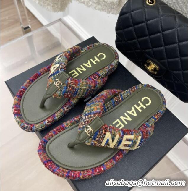 Grade Quality Chanel Tweed Flat Thong Slide Sandals Dark Pink/Green 505013