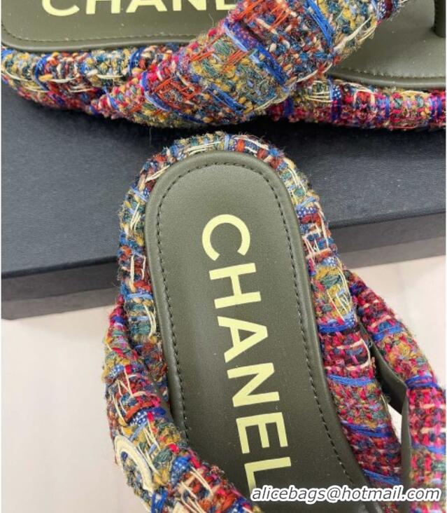 Grade Quality Chanel Tweed Flat Thong Slide Sandals Dark Pink/Green 505013