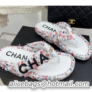 Best Grade Chanel Tweed Flat Thong Slide Sandals White/Pink 505014