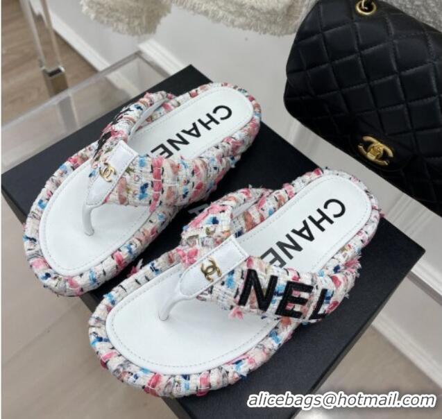 Best Grade Chanel Tweed Flat Thong Slide Sandals White/Pink 505014