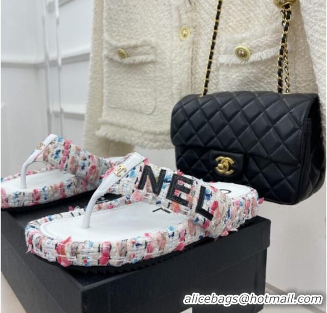 Best Grade Chanel Tweed Flat Thong Slide Sandals White/Pink 505014