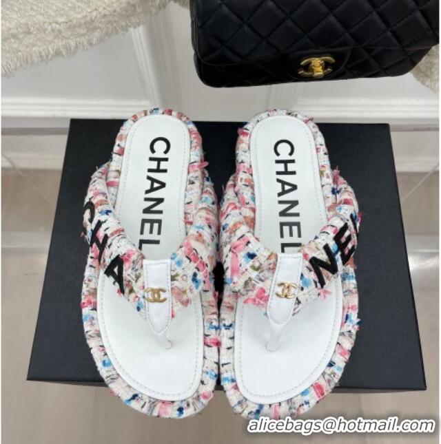 Best Grade Chanel Tweed Flat Thong Slide Sandals White/Pink 505014