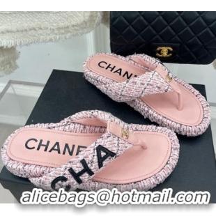 Top Grade Chanel Tweed Flat Thong Slide Sandals Light Pink 505015