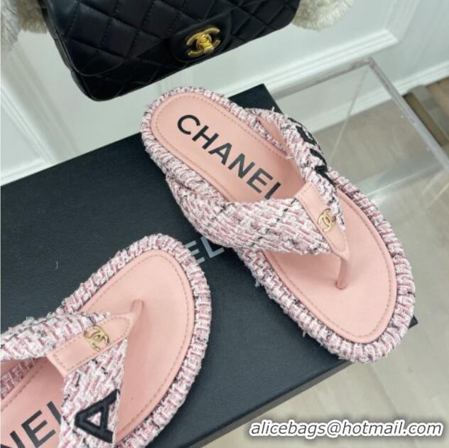 Top Grade Chanel Tweed Flat Thong Slide Sandals Light Pink 505015