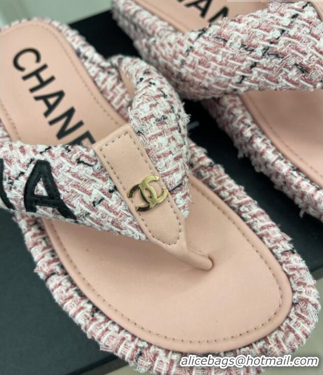 Top Grade Chanel Tweed Flat Thong Slide Sandals Light Pink 505015