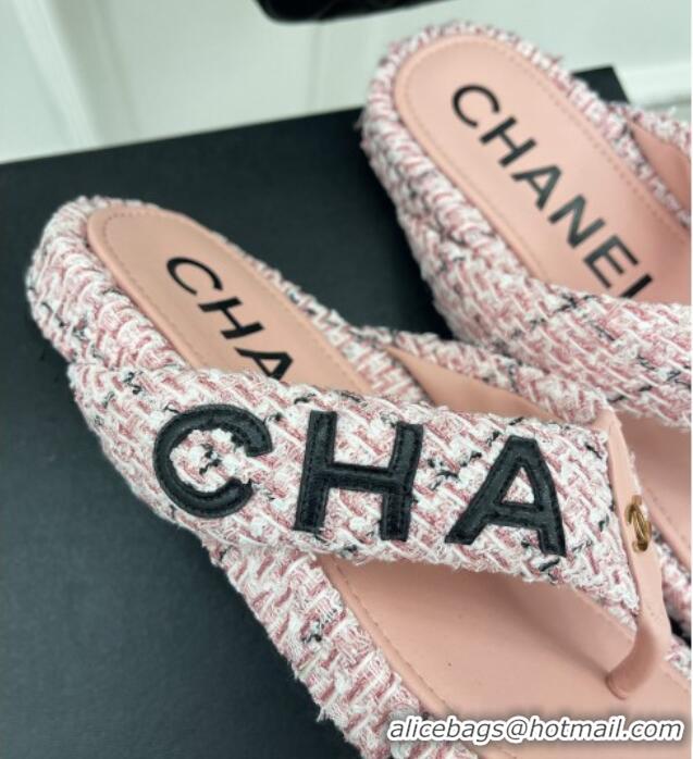 Top Grade Chanel Tweed Flat Thong Slide Sandals Light Pink 505015