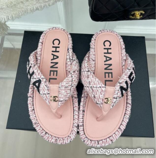 Top Grade Chanel Tweed Flat Thong Slide Sandals Light Pink 505015