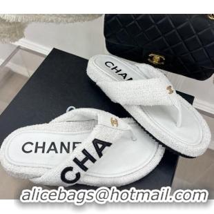 Charming Chanel Tweed Flat Thong Slide Sandals White 505016