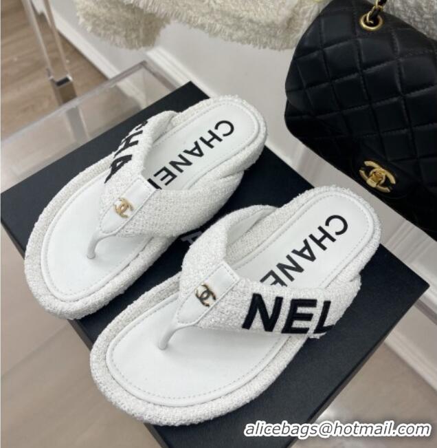 Charming Chanel Tweed Flat Thong Slide Sandals White 505016