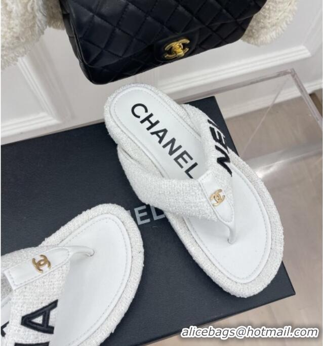 Charming Chanel Tweed Flat Thong Slide Sandals White 505016