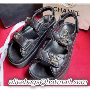 Low Price Chanel Lambskin Strap Platform Sandals with Chain CC G35927 Black