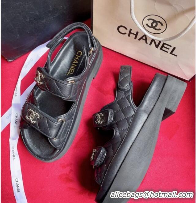 Low Price Chanel Lambskin Strap Platform Sandals with Chain CC G35927 Black