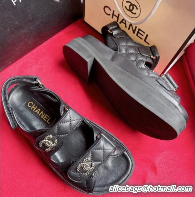 Low Price Chanel Lambskin Strap Platform Sandals with Chain CC G35927 Black