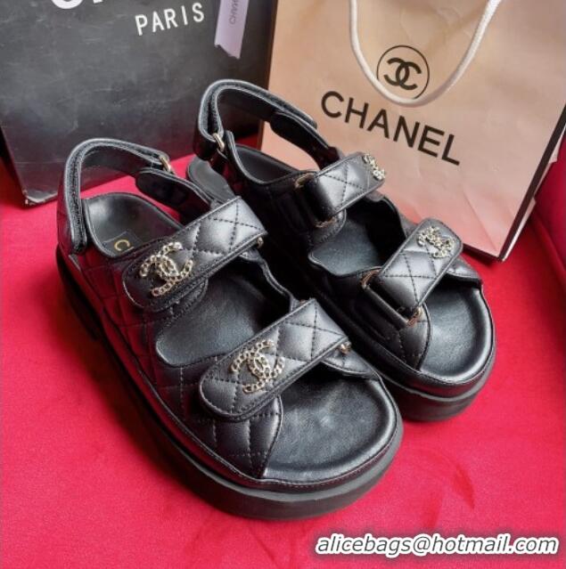 Low Price Chanel Lambskin Strap Platform Sandals with Chain CC G35927 Black