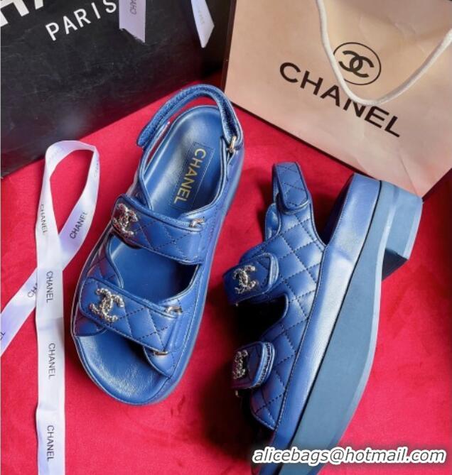 Discount Chanel Lambskin Strap Platform Sandals with Chain CC G35927 Blue