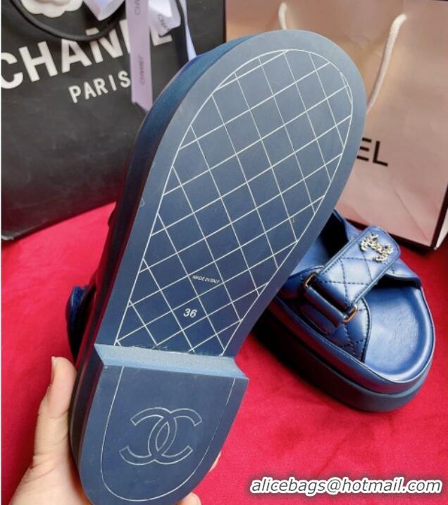 Discount Chanel Lambskin Strap Platform Sandals with Chain CC G35927 Blue