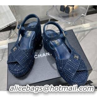 Best Price Chanel Striped Cotton Tweed Wedge Platform Sandals 5cm G39918 Blue