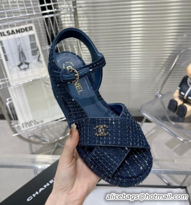 Best Price Chanel Striped Cotton Tweed Wedge Platform Sandals 5cm G39918 Blue