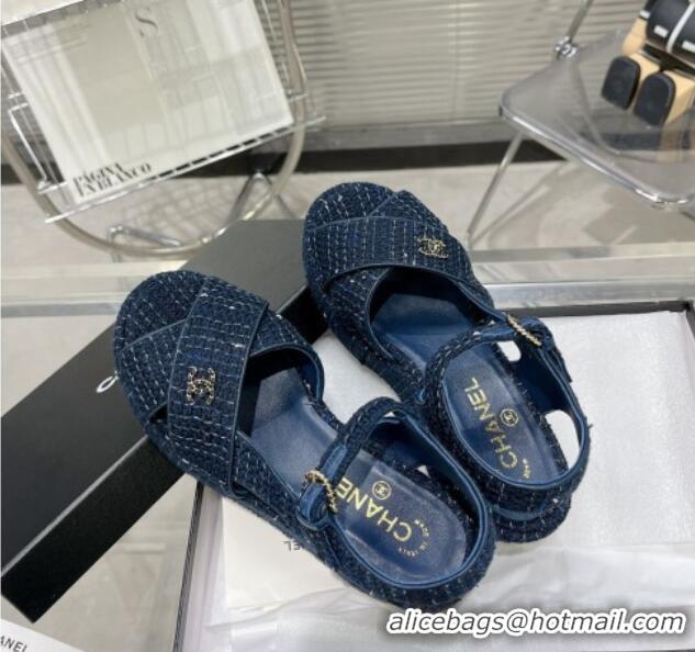 Best Price Chanel Striped Cotton Tweed Wedge Platform Sandals 5cm G39918 Blue