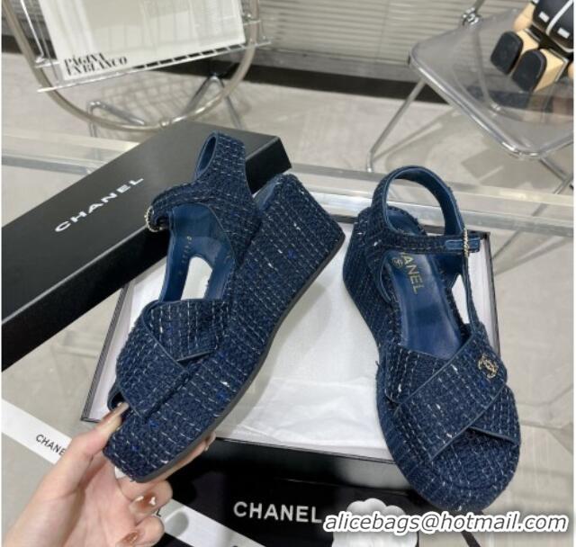 Best Price Chanel Striped Cotton Tweed Wedge Platform Sandals 5cm G39918 Blue