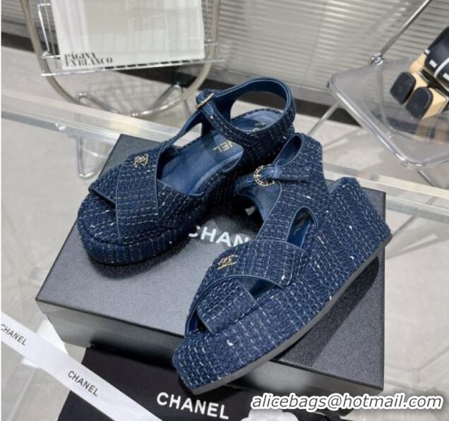 Best Price Chanel Striped Cotton Tweed Wedge Platform Sandals 5cm G39918 Blue