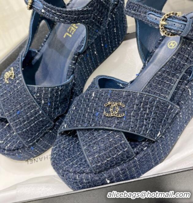 Best Price Chanel Striped Cotton Tweed Wedge Platform Sandals 5cm G39918 Blue