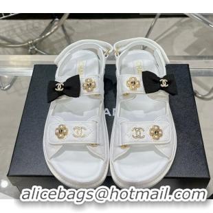 Top Quality Chanel Calfskin Strap Flat Sandals with Bow and Pearls G40138 White