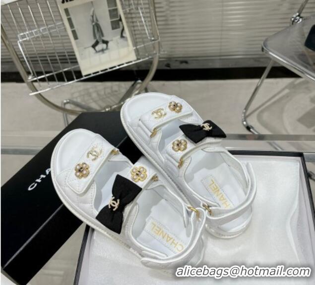 Top Quality Chanel Calfskin Strap Flat Sandals with Bow and Pearls G40138 White