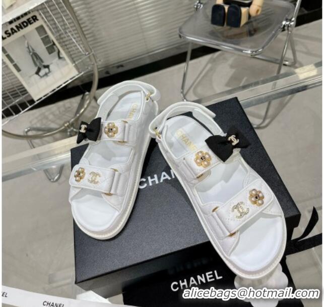 Top Quality Chanel Calfskin Strap Flat Sandals with Bow and Pearls G40138 White