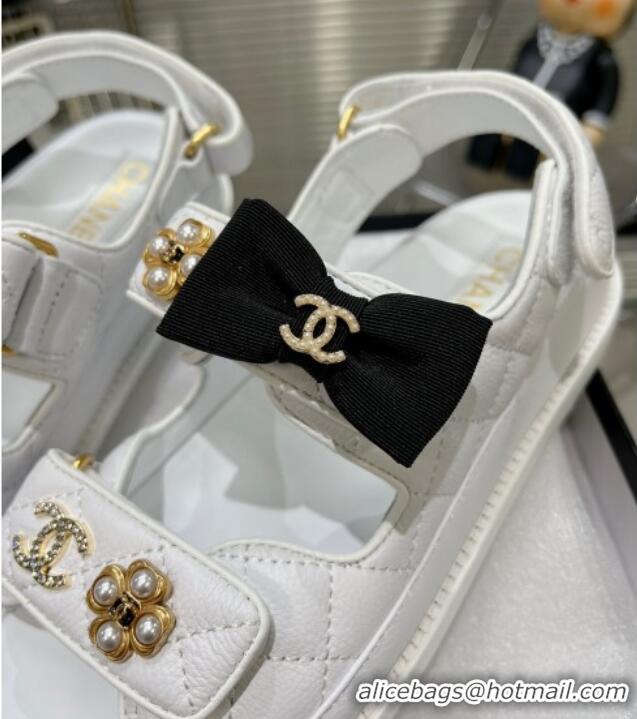 Top Quality Chanel Calfskin Strap Flat Sandals with Bow and Pearls G40138 White