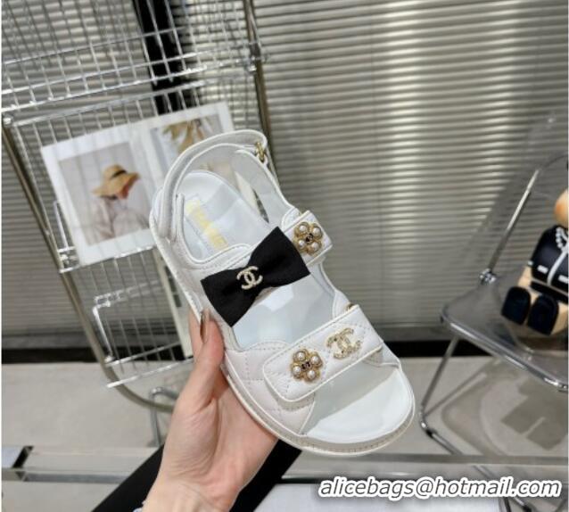 Top Quality Chanel Calfskin Strap Flat Sandals with Bow and Pearls G40138 White