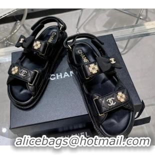 Top Grade Chanel Calfskin Strap Flat Sandals with Bow and Pearls G40138 Black