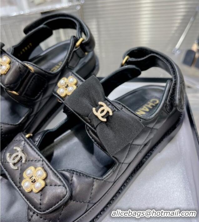 Top Grade Chanel Calfskin Strap Flat Sandals with Bow and Pearls G40138 Black