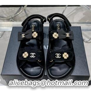 Discount Chanel Suede Strap Flat Sandals with Bow and Pearls G40138 Black