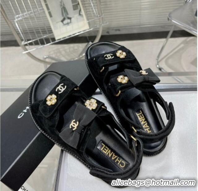 Discount Chanel Suede Strap Flat Sandals with Bow and Pearls G40138 Black