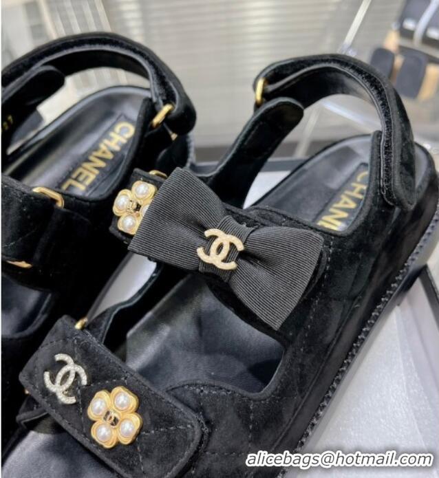 Discount Chanel Suede Strap Flat Sandals with Bow and Pearls G40138 Black