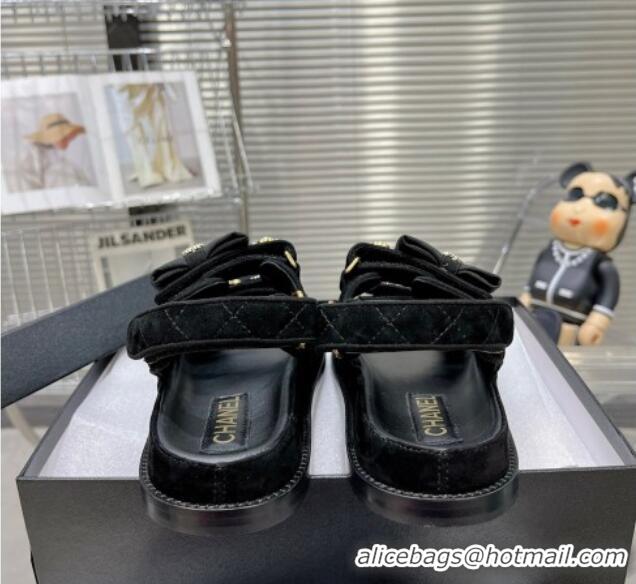 Discount Chanel Suede Strap Flat Sandals with Bow and Pearls G40138 Black