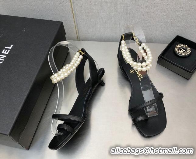 Hot Style Chanel Heel Sandals with Pearls Ankle Strap Black 505026